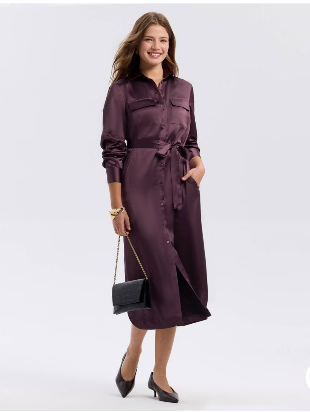 A New Day Satin Midi Shirt Dress in Deep Plum - Size L